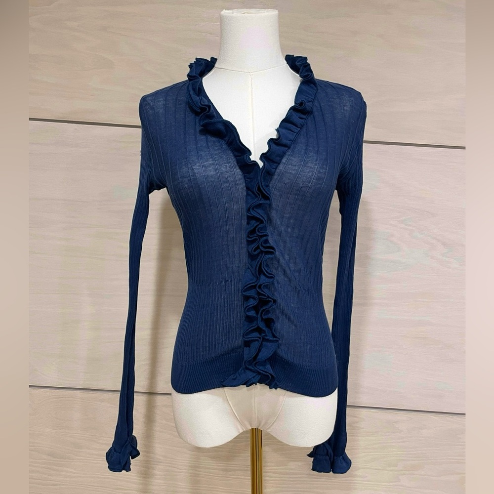 Anne Fontaine Navy Blue Ruffle Blouse